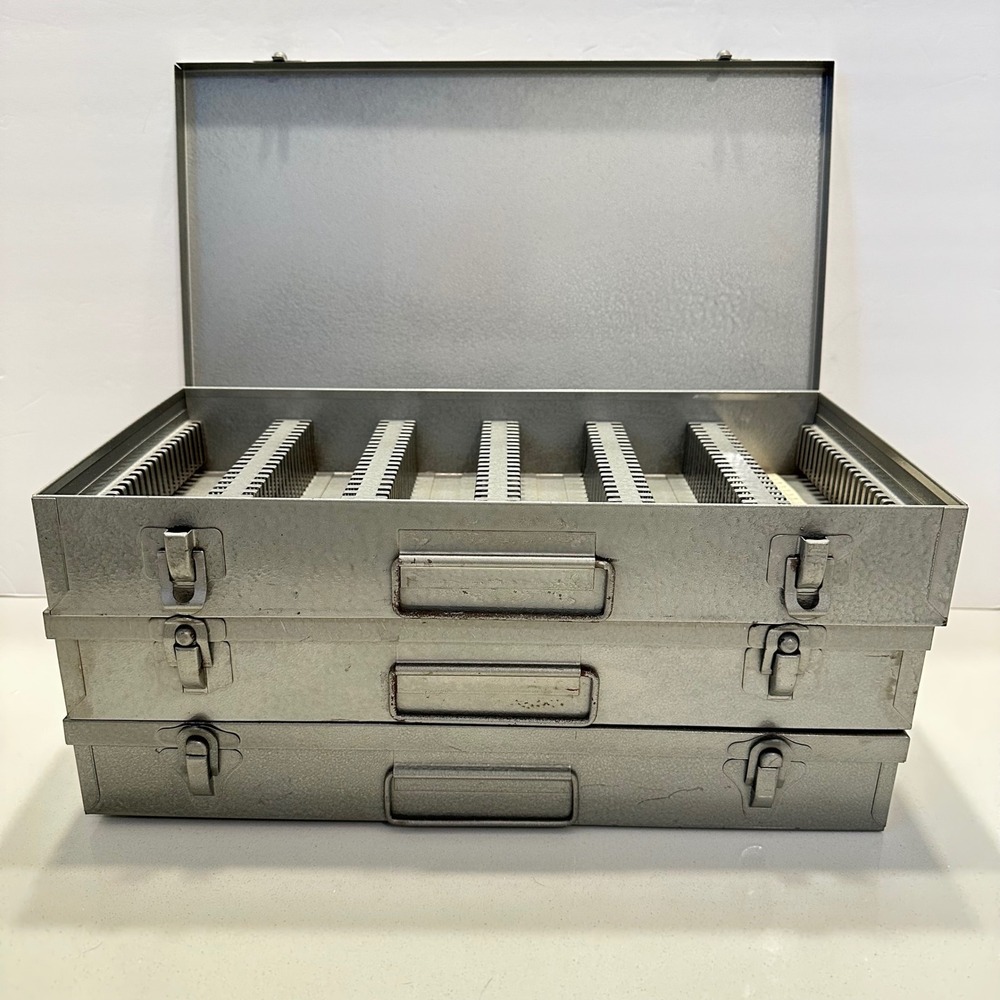 Nielsen Howe Hartford Vintage Metal 35mm Slide Storage Boxes Set of 3‎ Gray Case